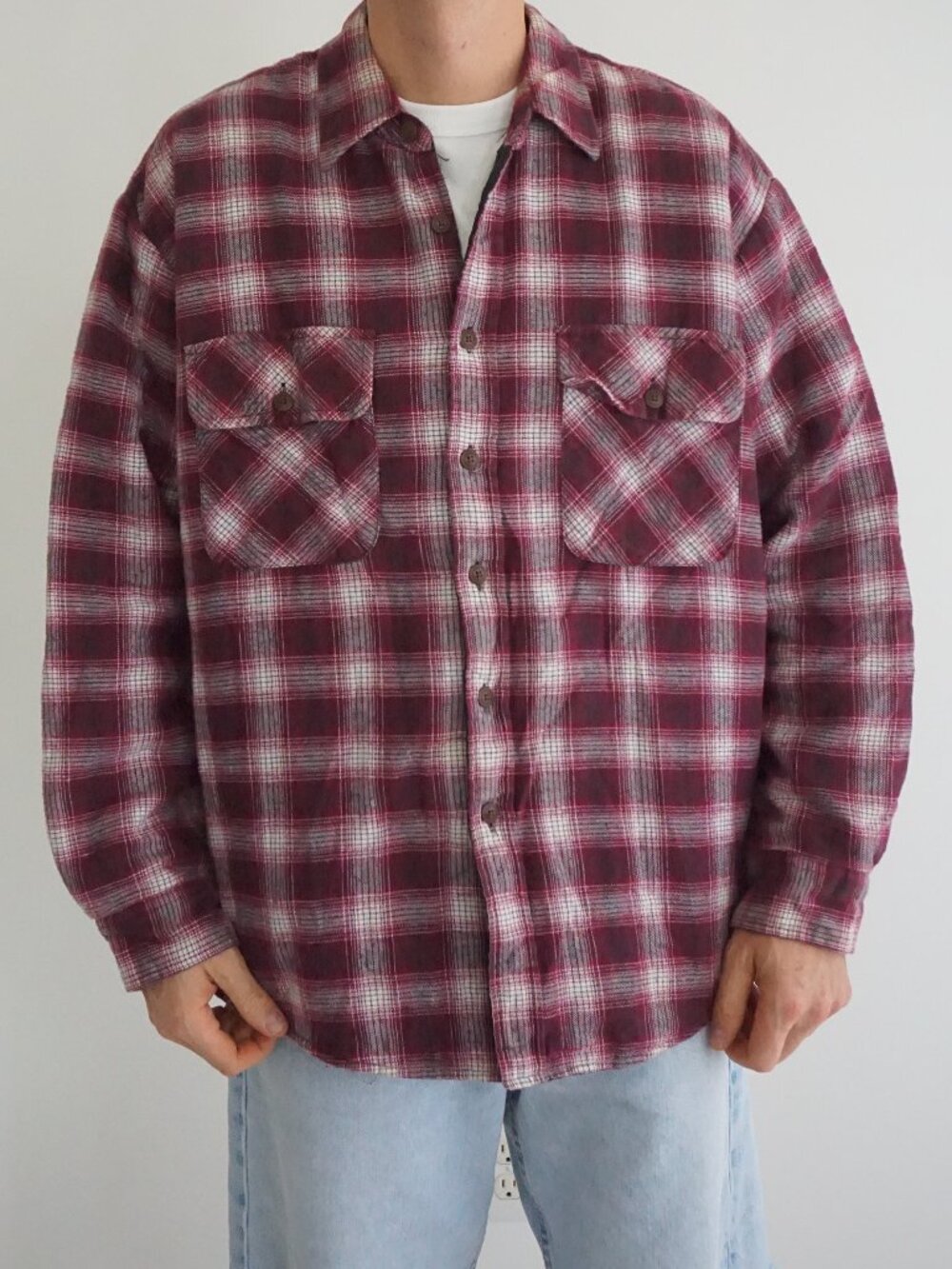 Vintage St John's Bay Burgundy Cream Grey Plaid Lined Flannel Workwear Jacket XL